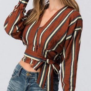 Stripe long sleeve button front wrap woven top new